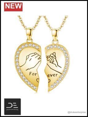 14K Gold Plated Two Half Heart Pendant Necklace Couples Matching Jewelry